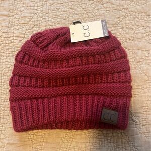 C.C Red Knit Winter Hat with Ribbed Design